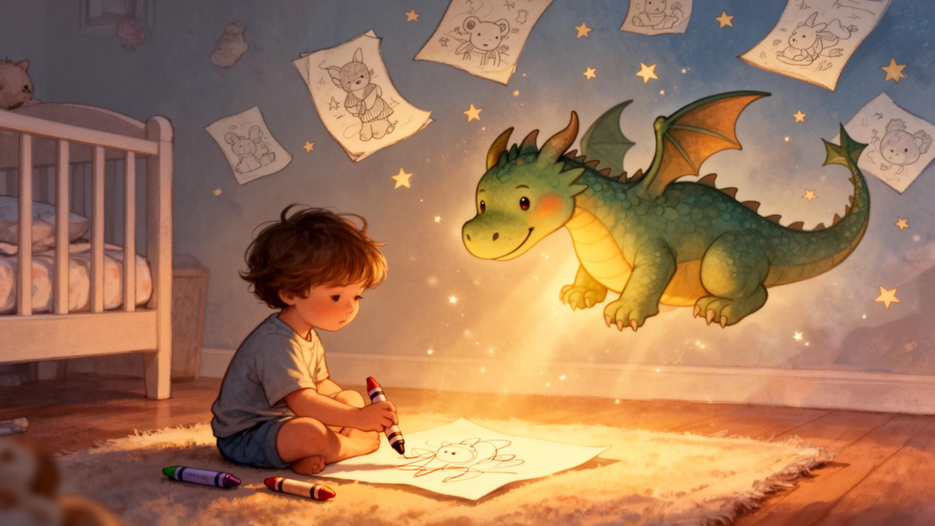 A child drawing a dragon that gently comes to life in warm bedtime light
